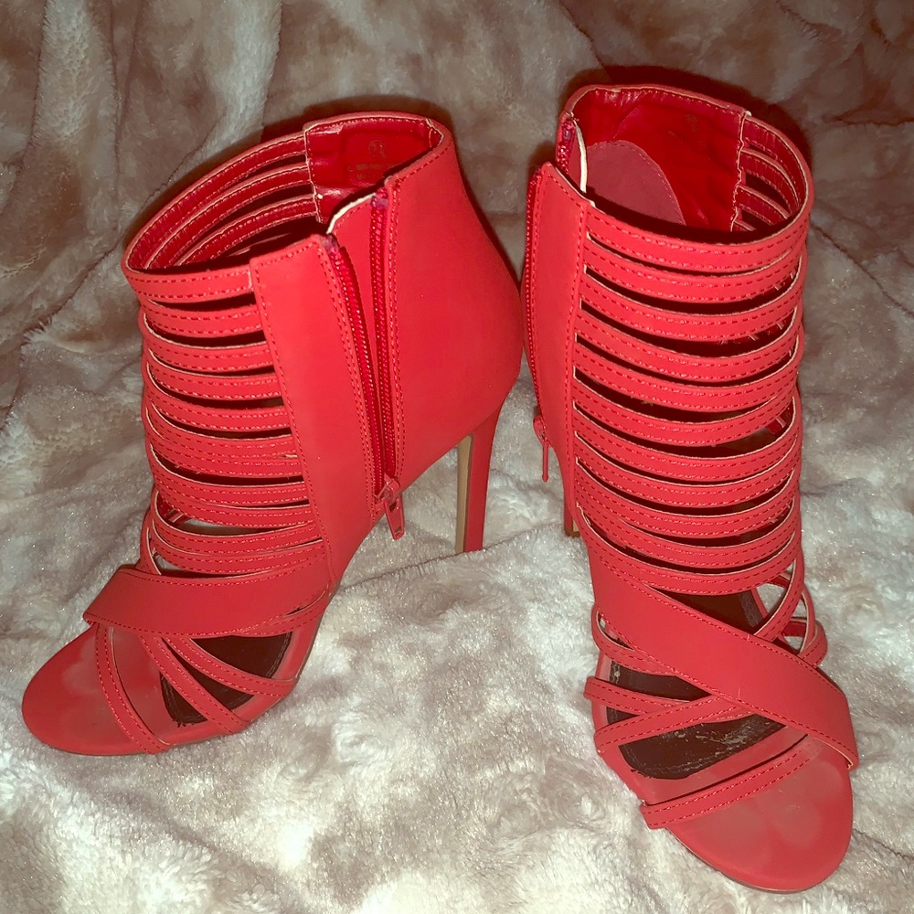 Red Caged Strappy Heels. Great Condition!